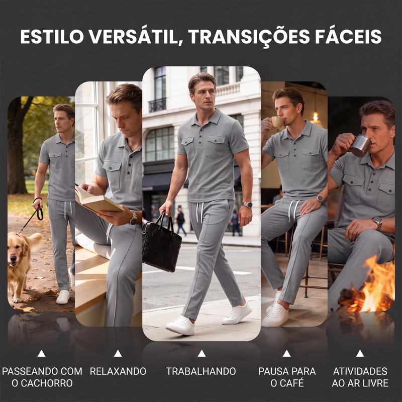 Conjunto masculino de blusa de manga curta e calças em tecido waffle
