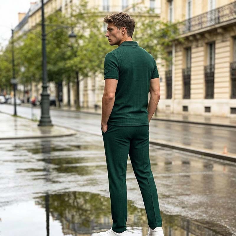 Conjunto masculino de blusa de manga curta e calças em tecido waffle