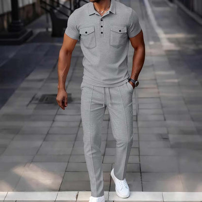 Conjunto masculino de blusa de manga curta e calças em tecido waffle