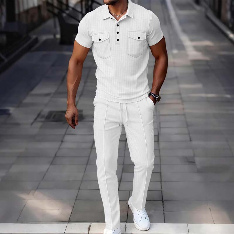 Conjunto masculino de blusa de manga curta e calças em tecido waffle