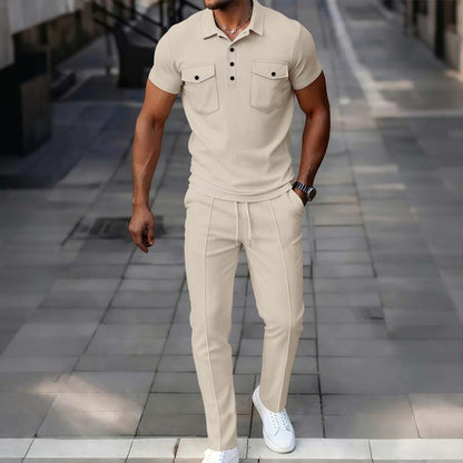 Conjunto masculino de blusa de manga curta e calças em tecido waffle