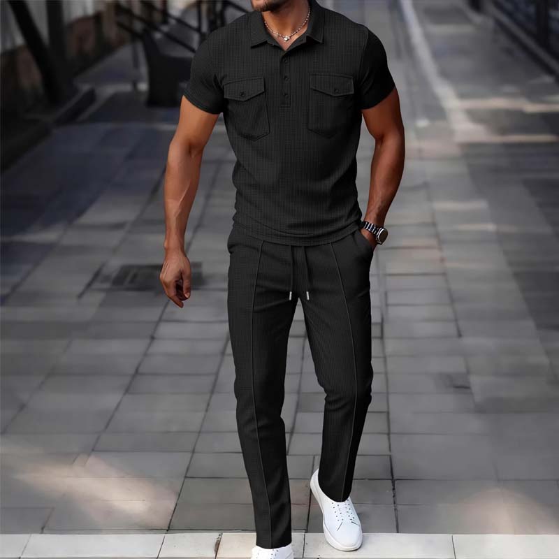 Conjunto masculino de blusa de manga curta e calças em tecido waffle