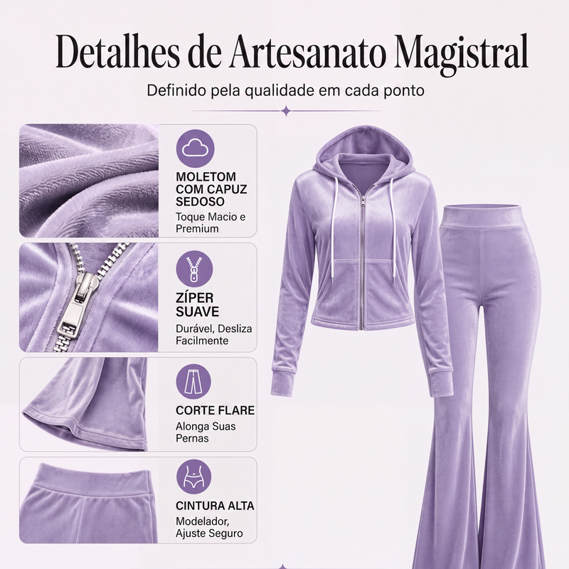 ✨👗Conjunto de moletom com zíper de veludo e calças flare para mulheres
