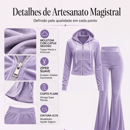 ✨👗Conjunto de moletom com zíper de veludo e calças flare para mulheres