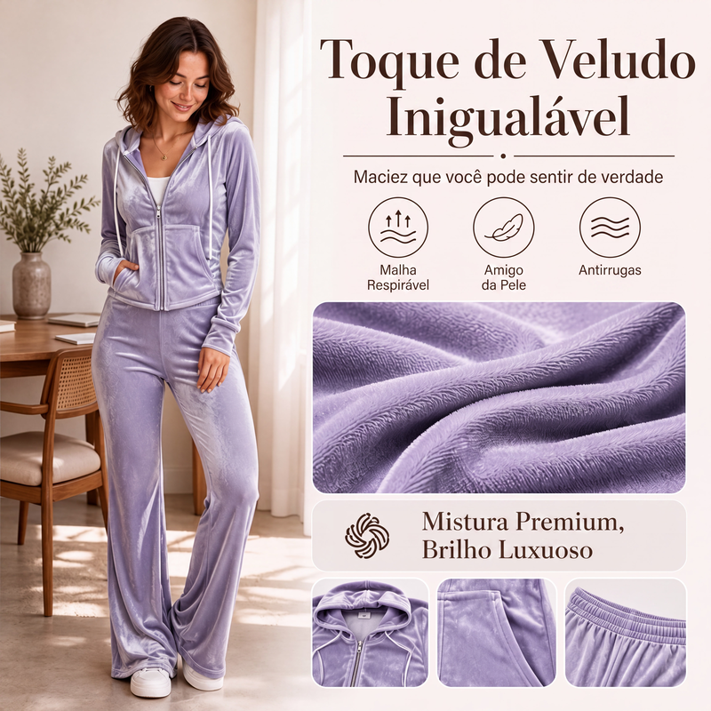 ✨👗Conjunto de moletom com zíper de veludo e calças flare para mulheres