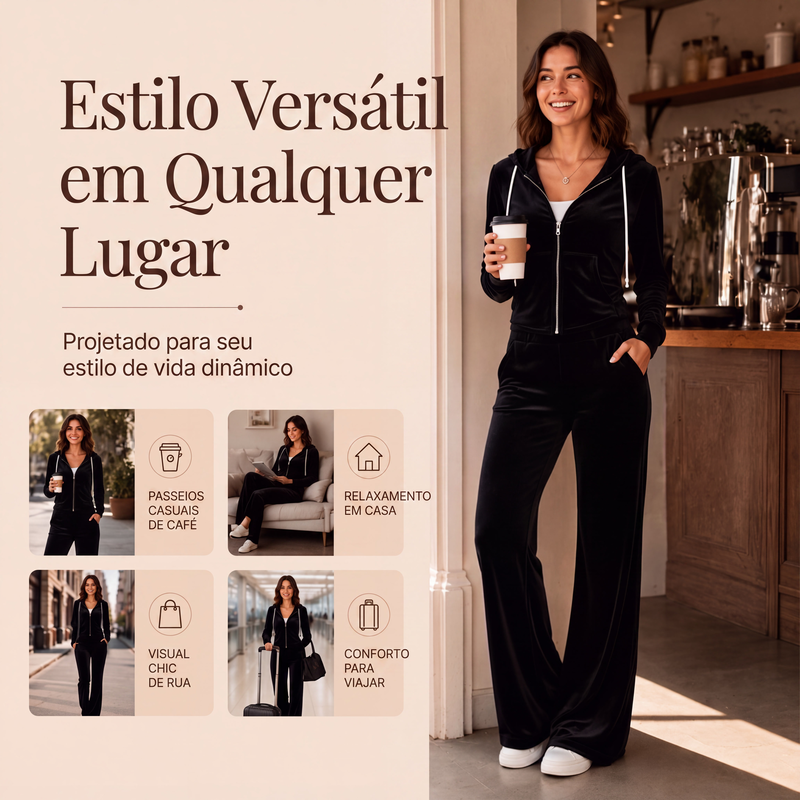 ✨👗Conjunto de moletom com zíper de veludo e calças flare para mulheres