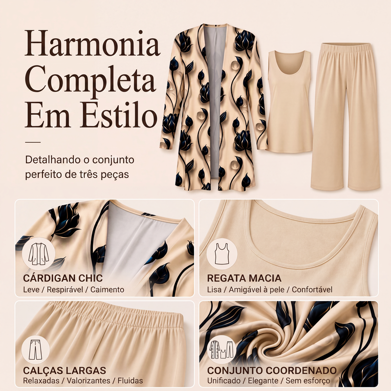 ✨👗Conjunto Elegante de 3 Peças com Estampa para Mulher