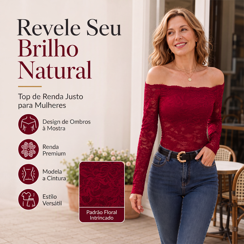 ✨👚Camiseta de renda decote ombro a ombro para mulher