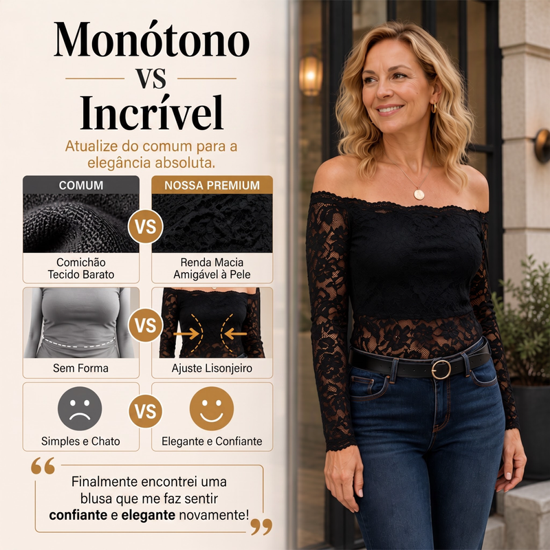 ✨👚Camiseta de renda decote ombro a ombro para mulher