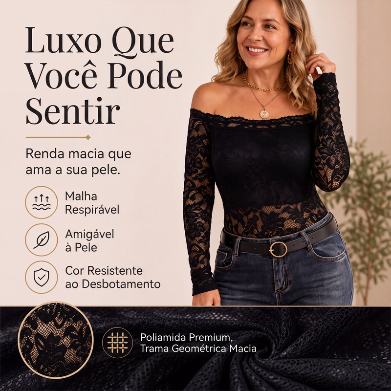 ✨👚Camiseta de renda decote ombro a ombro para mulher