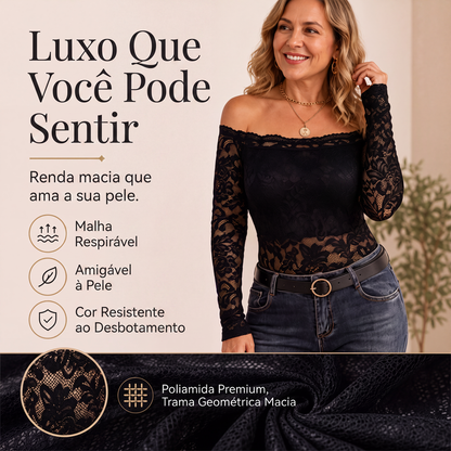 ✨👚Camiseta de renda decote ombro a ombro para mulher
