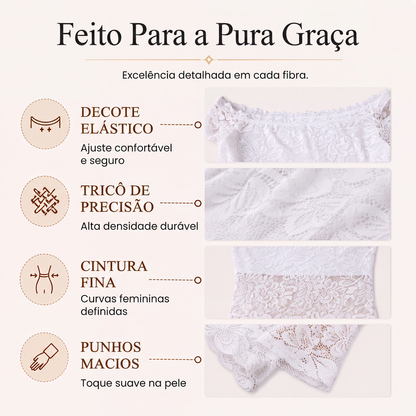 ✨👚Camiseta de renda decote ombro a ombro para mulher