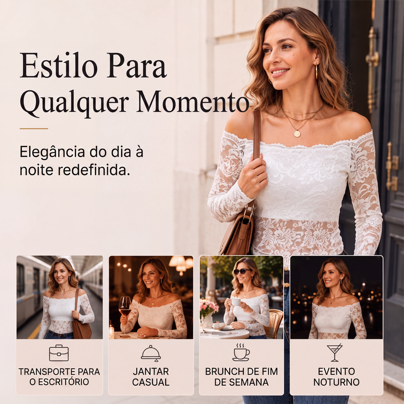 ✨👚Camiseta de renda decote ombro a ombro para mulher