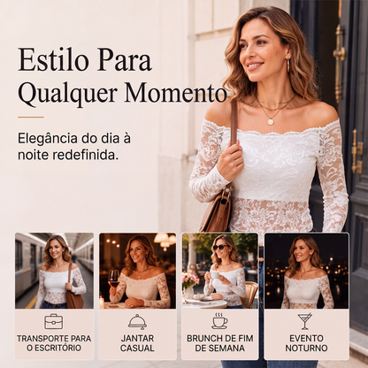 ✨👚Camiseta de renda decote ombro a ombro para mulher