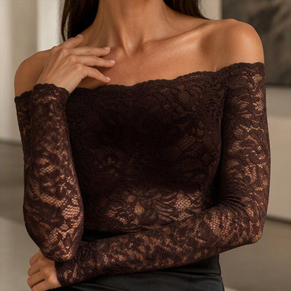 ✨👚Camiseta de renda decote ombro a ombro para mulher