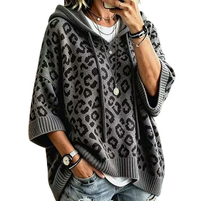 ✨👚Moletom feminino de tricô com estampa de leopardo