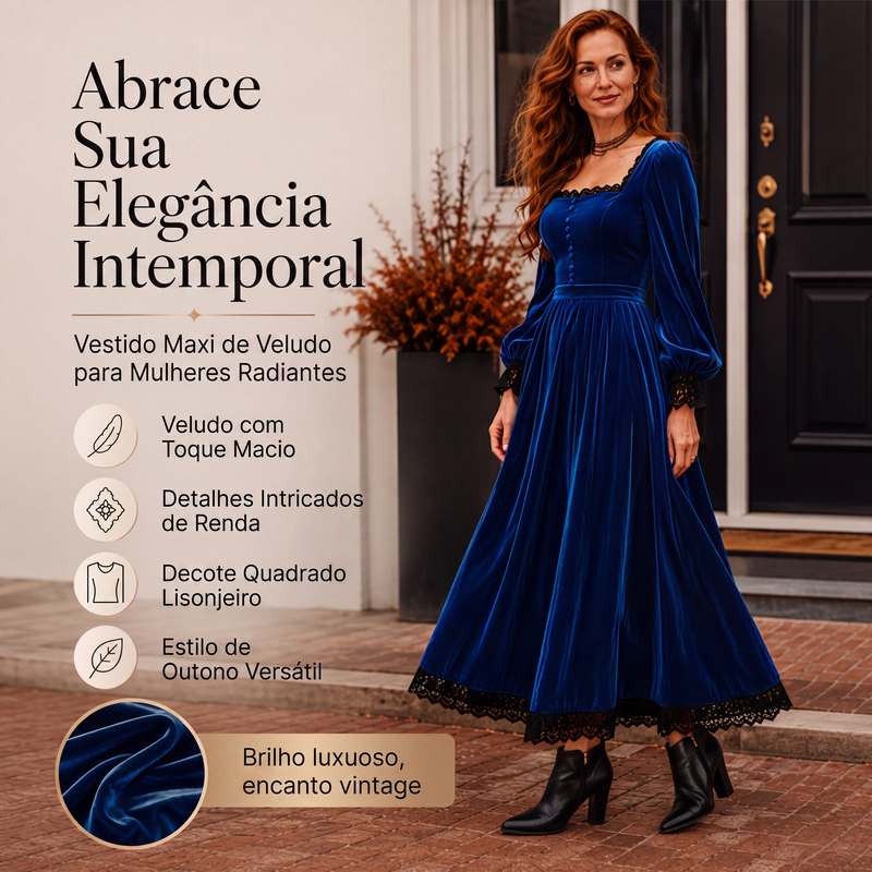 ✨👗Vestido de veludo com decote quadrado vintage feminino