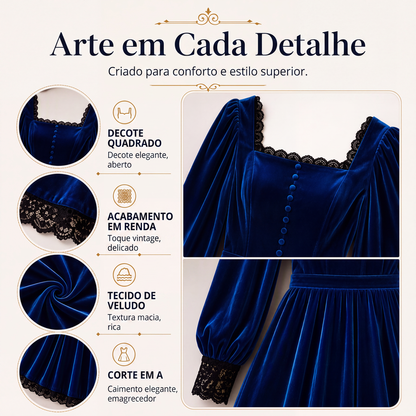 ✨👗Vestido de veludo com decote quadrado vintage feminino