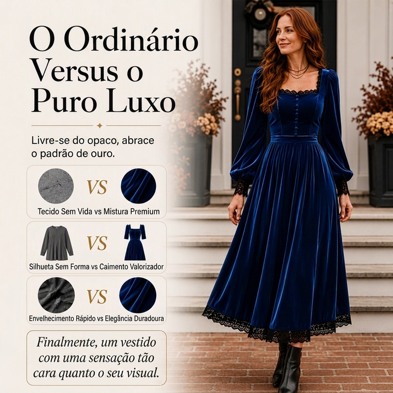 ✨👗Vestido de veludo com decote quadrado vintage feminino
