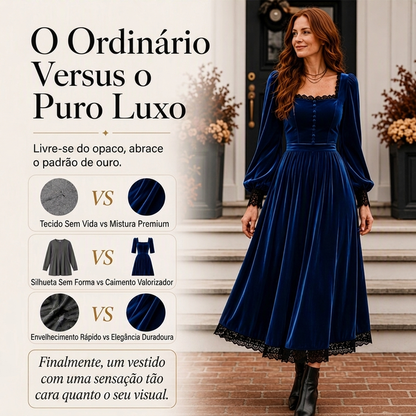 ✨👗Vestido de veludo com decote quadrado vintage feminino