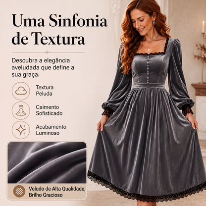 ✨👗Vestido de veludo com decote quadrado vintage feminino