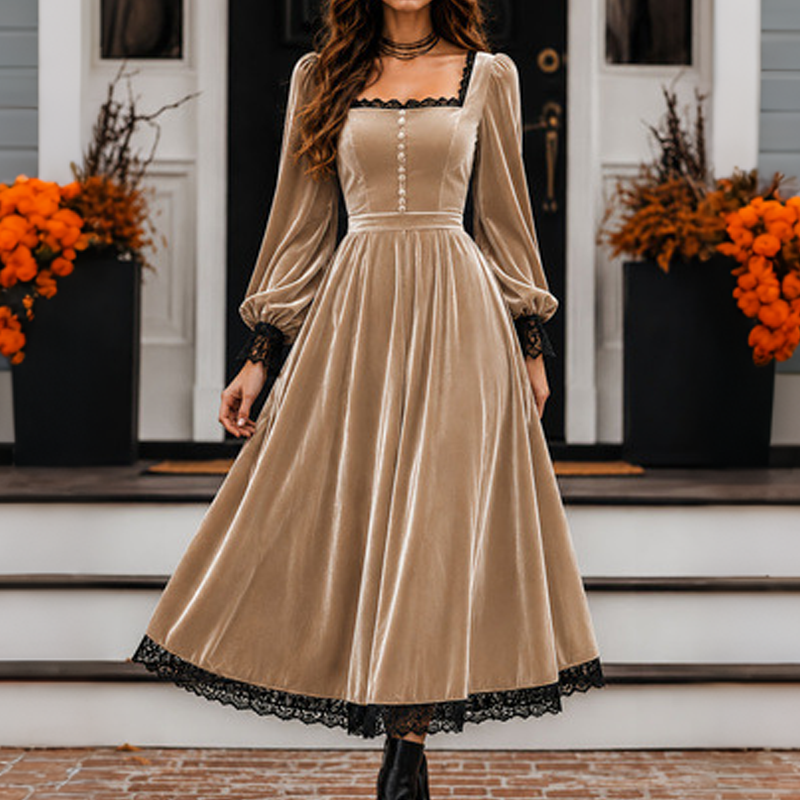 ✨👗Vestido de veludo com decote quadrado vintage feminino