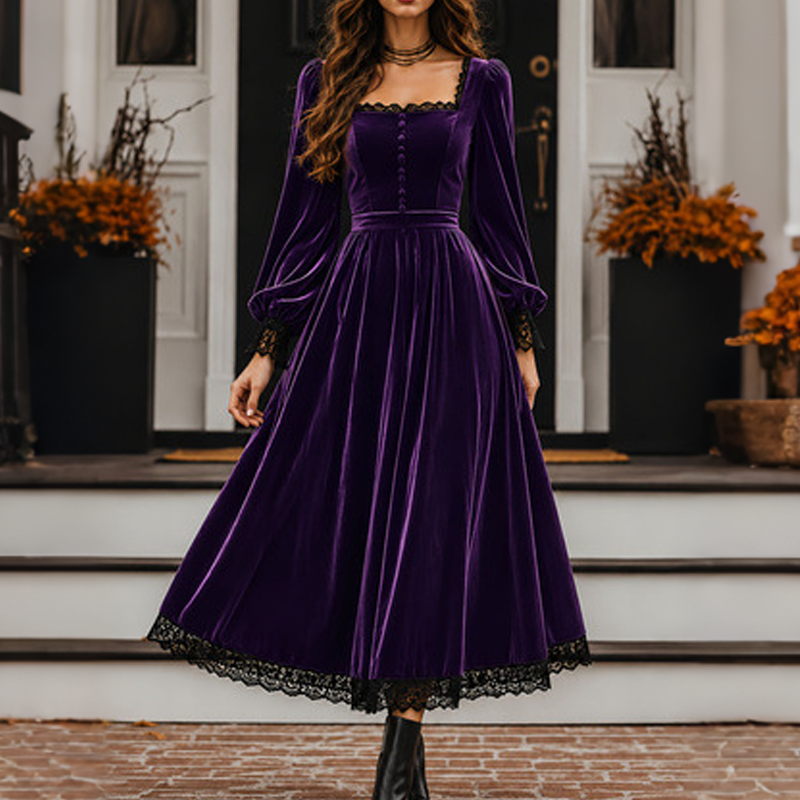✨👗Vestido de veludo com decote quadrado vintage feminino