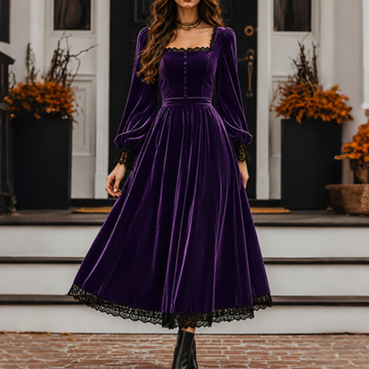 ✨👗Vestido de veludo com decote quadrado vintage feminino
