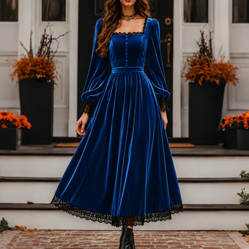 ✨👗Vestido de veludo com decote quadrado vintage feminino