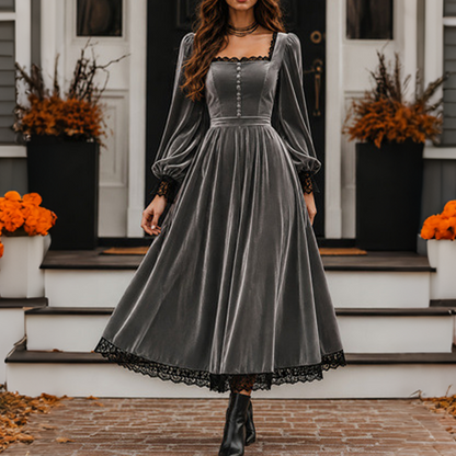 ✨👗Vestido de veludo com decote quadrado vintage feminino