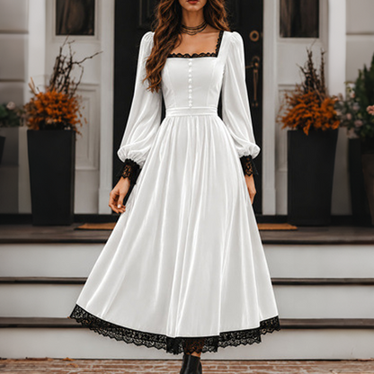 ✨👗Vestido de veludo com decote quadrado vintage feminino