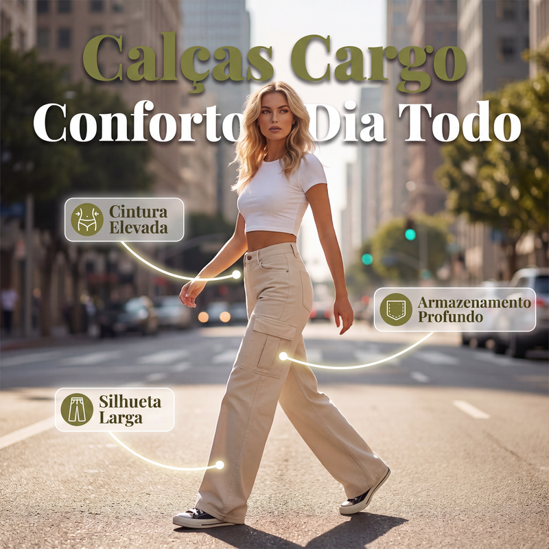 Calças cargo femininas de cintura alta e perna larga