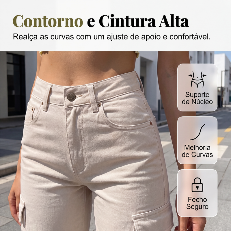 Calças cargo femininas de cintura alta e perna larga