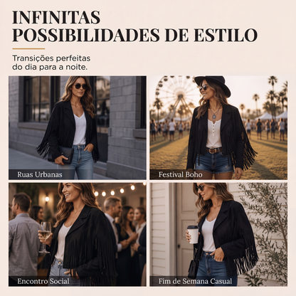 Jaqueta casual feminina de manga longa com franjas