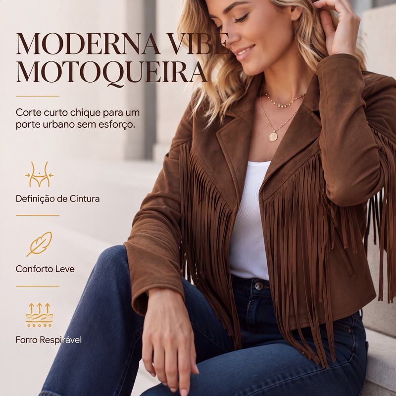 Jaqueta casual feminina de manga longa com franjas