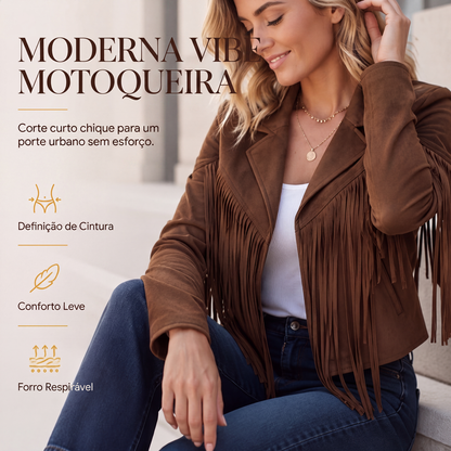 Jaqueta casual feminina de manga longa com franjas