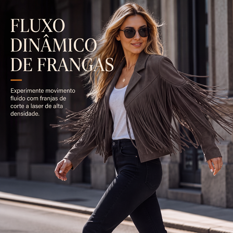 Jaqueta casual feminina de manga longa com franjas