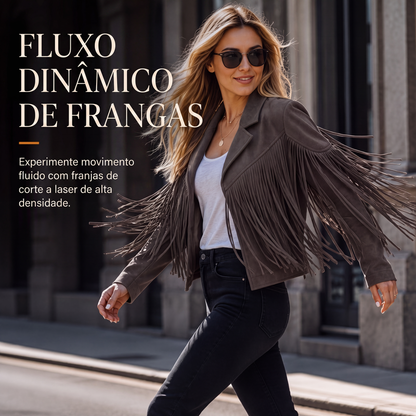 Jaqueta casual feminina de manga longa com franjas
