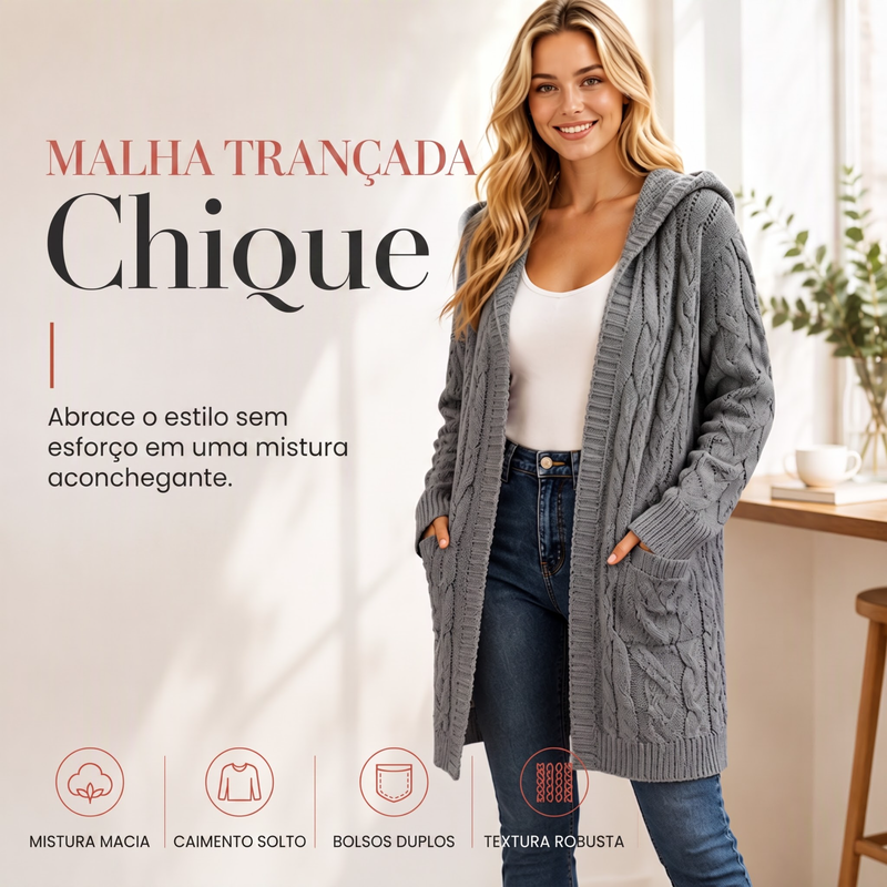 Cardigan de tricot feminino longo com capuz e bolsos