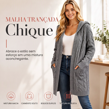 Cardigan de tricot feminino longo com capuz e bolsos