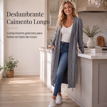 Cardigan de tricot feminino longo com capuz e bolsos