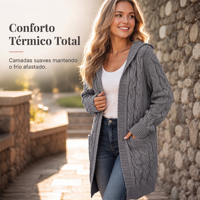 Cardigan de tricot feminino longo com capuz e bolsos