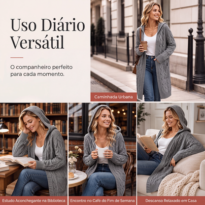 Cardigan de tricot feminino longo com capuz e bolsos