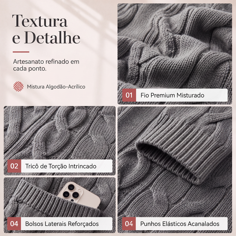 Cardigan de tricot feminino longo com capuz e bolsos