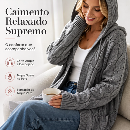 Cardigan de tricot feminino longo com capuz e bolsos
