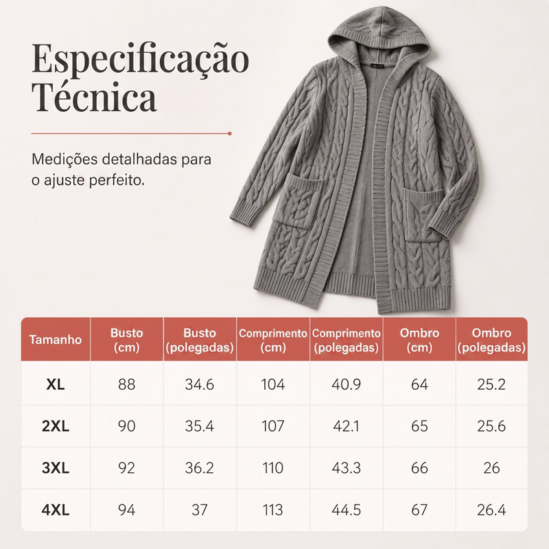 Cardigan de tricot feminino longo com capuz e bolsos