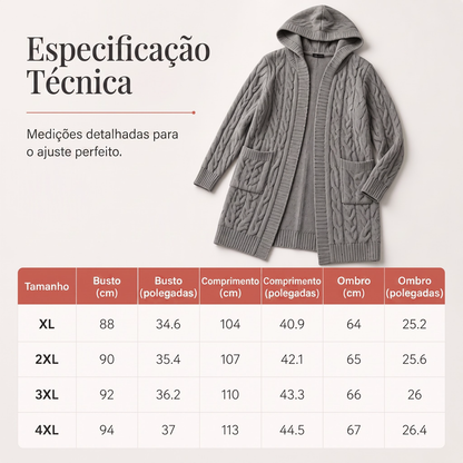 Cardigan de tricot feminino longo com capuz e bolsos