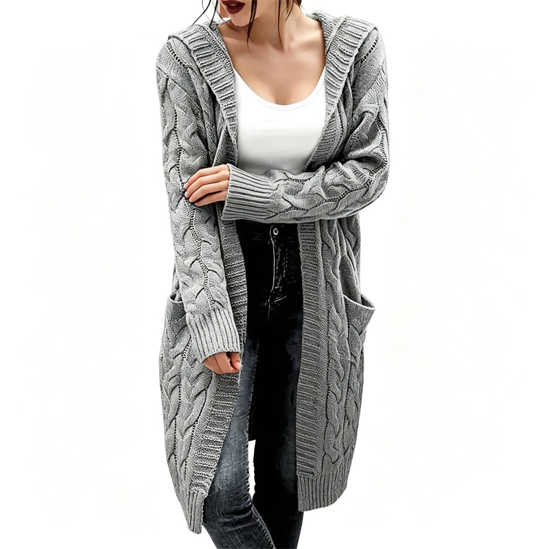 Cardigan de tricot feminino longo com capuz e bolsos