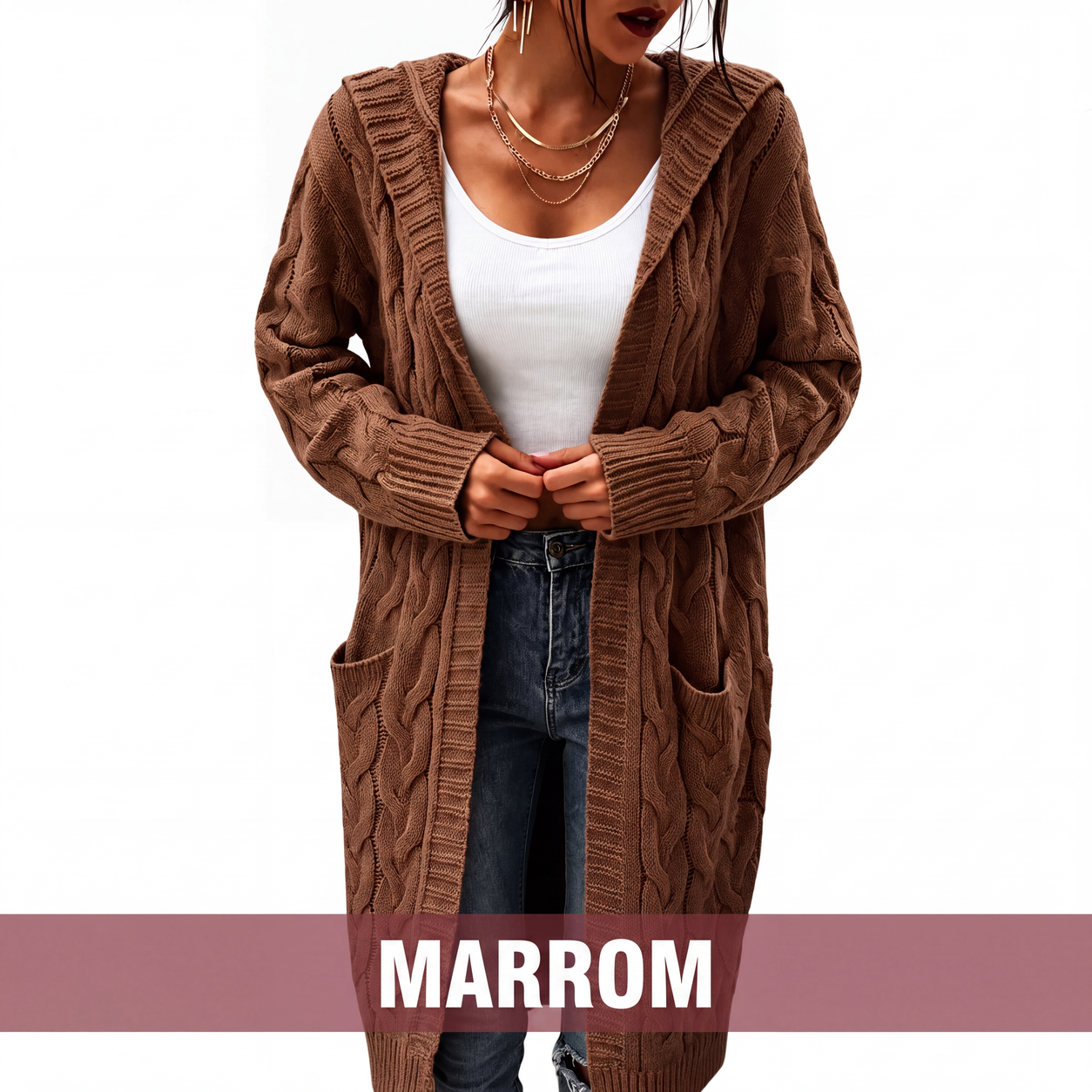 Cardigan de tricot feminino longo com capuz e bolsos