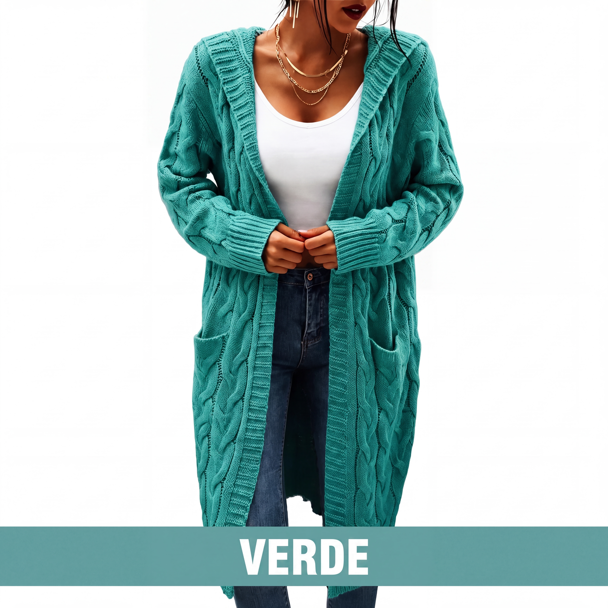 Cardigan de tricot feminino longo com capuz e bolsos